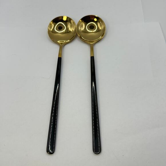 2 Iced Tea Spoons Gold Stainless Steel SUS 304 With Glossy Black Handle 7 3/4" - Picture 1 of 7